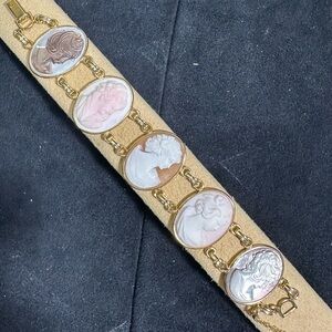 🚨Vtg Van Dell 1/20 12k GOLD FILLED Cameo Bracelet w/5-Profiles Angel skin, MOP+